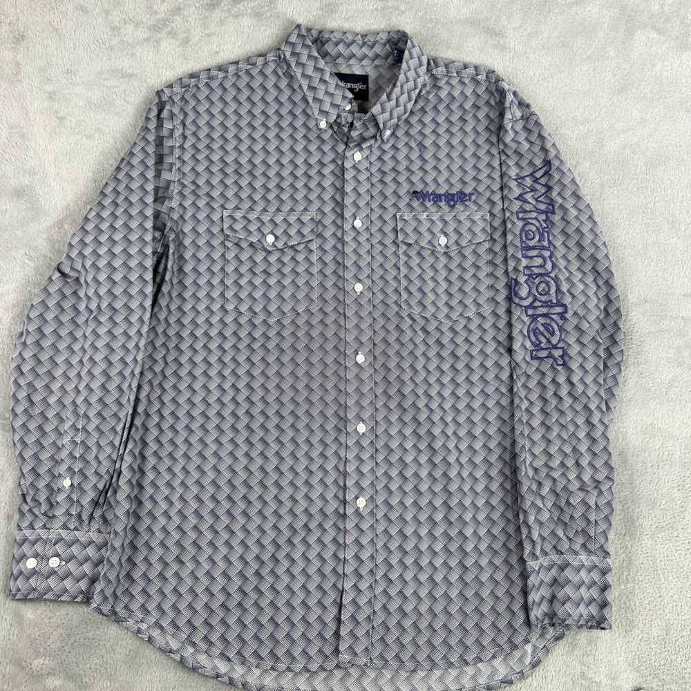 Wrangler Geometric Weave Print Button Down Shirt XL Blue Mens Long Sleeve Casual